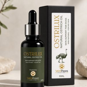 Ostrilux Natural Ostrich Oil 30ml bottle and box - skin support for dogs