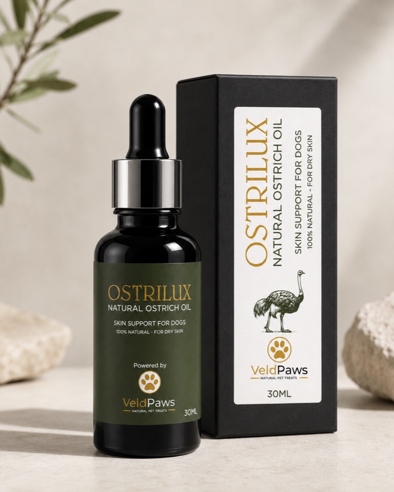 Ostrilux Natural Ostrich Oil 30ml bottle and box - skin support for dogs