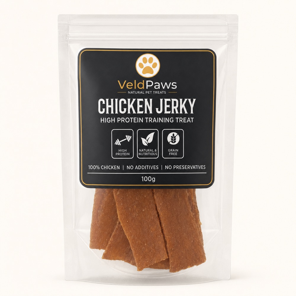 VeldPaws Chicken Jerky 100g high-protein chicken treat pack