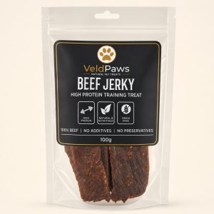 VeldPaws Beef Jerky 100g high-protein beef training treat pack