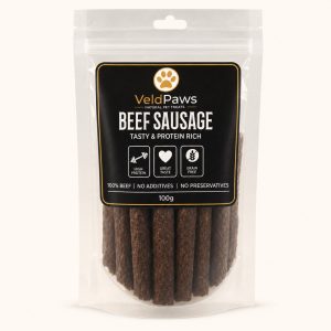 VeldPaws Beef Sausage 100g protein-rich beef treat pack