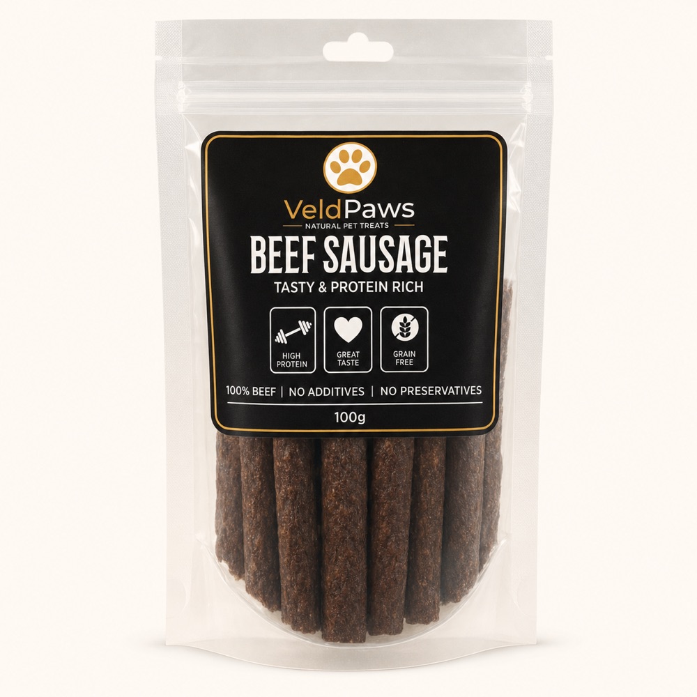 VeldPaws Beef Sausage 100g protein-rich beef treat pack